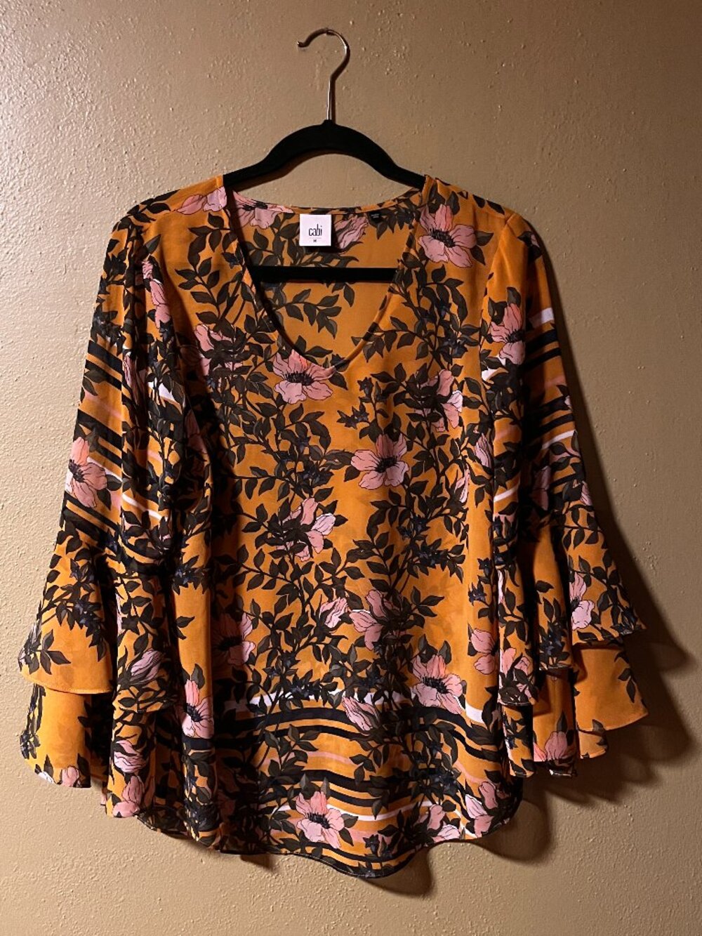 Cabi Floral Ruffle Bell Sleeve Blouse Mustard Gold Size M